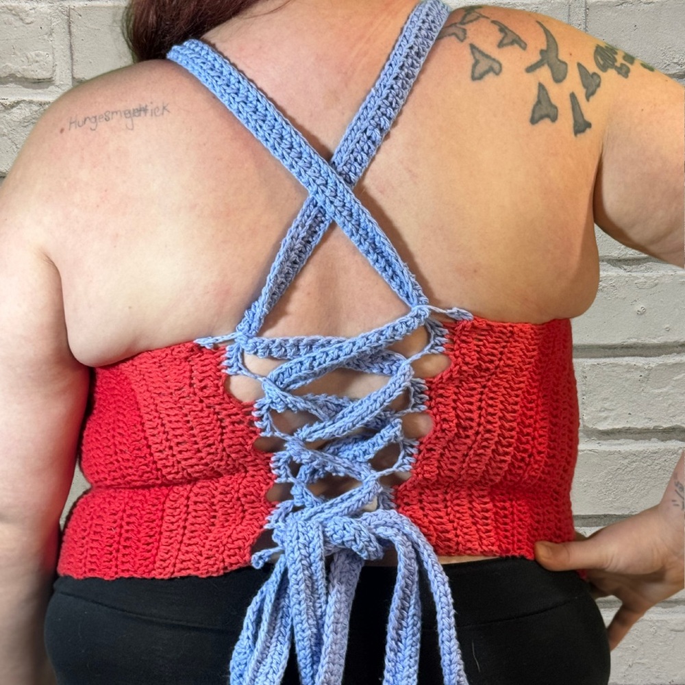 Periwinkle and red crochet top - Picture 2 of 2